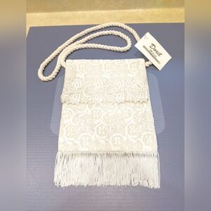 White lace wedding money bag NWT Dorit Los Angeles shoulder strap fringe bridal